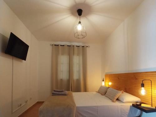 1 dormitorio con 1 cama grande y TV en Apartamento Stefi, en Arrecife