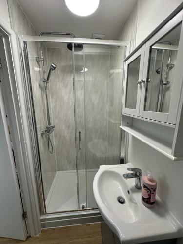 a bathroom with a shower and a sink at The Highmead in Blackwood