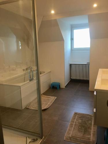 une salle de bain avec une baignoire, un lavabo et un miroir dans l'établissement Villa à Corenc, famille 6 pers, à Corenc