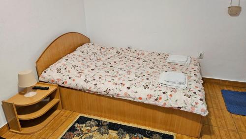 - une petite chambre avec un lit et une table de nuit dans l'établissement Ultracentral Lozonschi Apartament Parter, à Iaşi