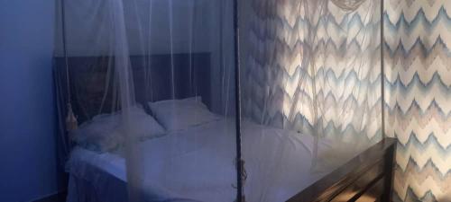 Nelly Apartments في Mbale: غرفة بسرير وبجدار زجاجي