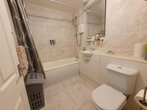 a bathroom with a toilet and a tub and a sink at F5 Near BARRY ISLAND PRIVATE AIRPORT Parking x 2 Cars Or Vans Free Wifi Washer Hob & Cooker Welcome Tray Provided in Barry