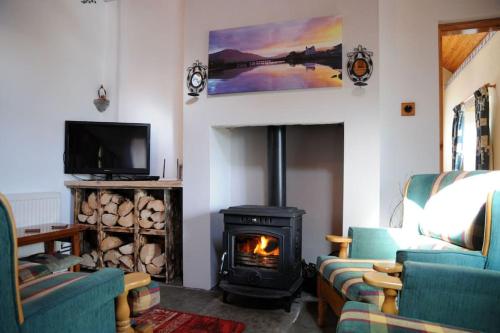 a living room with a fireplace and a stove at Cottage Skelligs Coast, Ring of Kerry in Cahersiveen