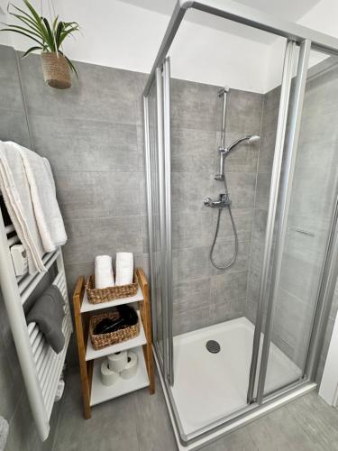 a shower with a glass door in a bathroom at Grimming Lodge Tauplitz in Tauplitz