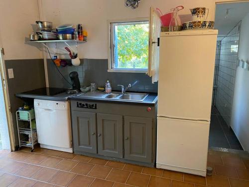 une cuisine avec un évier et un plan de travail dans l'établissement Mazet avec jardin, à Saint-Bauzille-de-Putois