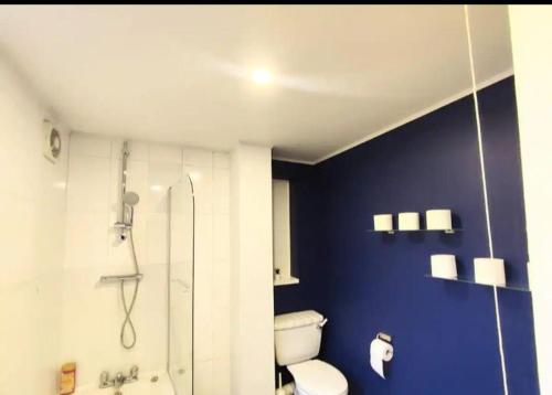 La salle de bains est pourvue de toilettes et d'un mur bleu. dans l'établissement Cozy Room Close to City Center, à Old Walker