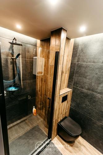 a bathroom with a shower and a toilet in it at Happy Place - ApartamentyHappy pl in Mielec