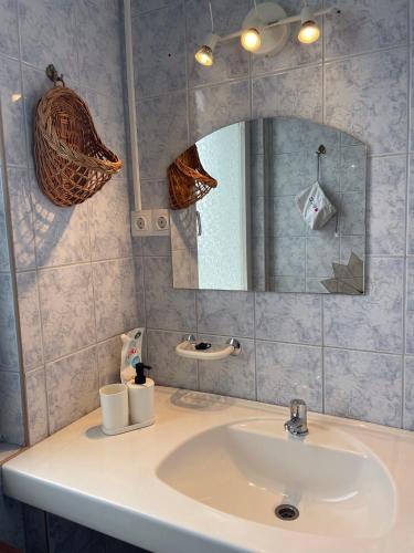 a bathroom with a sink and a mirror at Vár-Lak Apartman in Balatonfůzfő