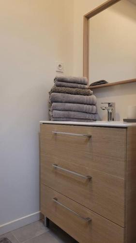 - une pile de serviettes assises au-dessus d'un lavabo dans la salle de bains dans l'établissement À deux pas du port de la Ciotat appart 4 pers., à La Ciotat