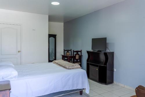 1 dormitorio con 1 cama y TV de pantalla plana en Posada La Rosa en Santa Ana