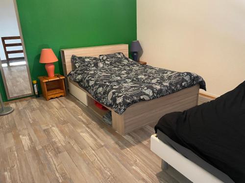 una camera con letto e parete verde di Appartement Duplex T1 ad Albertville