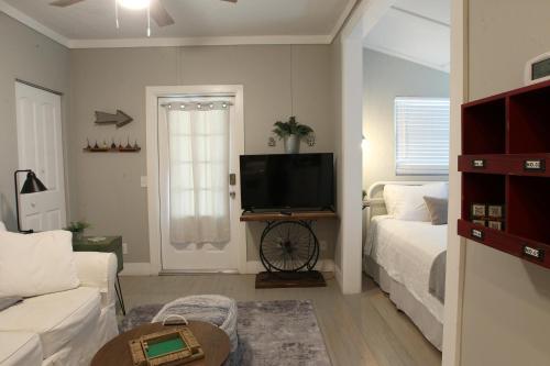 a living room with a bed and a flat screen tv at Cozy Apartment Overlooking Downtown and Park NO KIDS, NO PETS in Dunedin