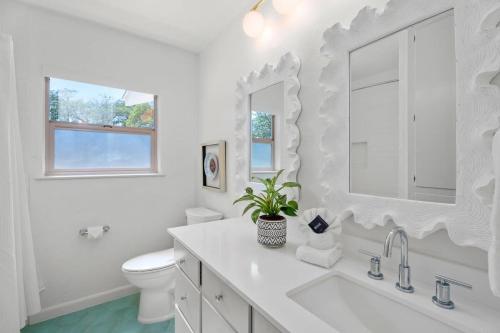 a bathroom with a sink and a toilet and a mirror at Baron's Bungalow with hot tub & pet friendly in Fredericksburg
