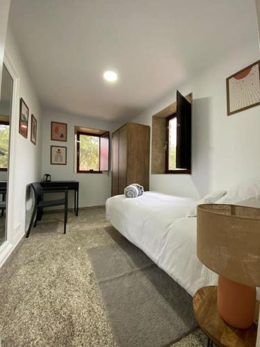 a bedroom with a bed and a desk in it at Casa Bamiak in Vilagarcia de Arousa