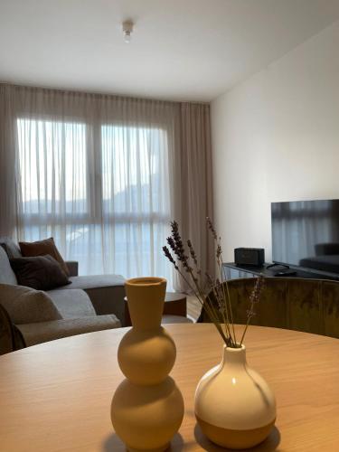 two vases sitting on a table in a living room at COHO City Apartments mit hauseigener Tiefgarage in Vienna