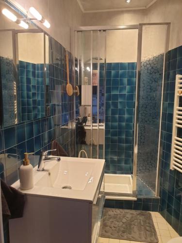 y baño con lavabo y ducha. en Maison de charme au cœur des vignes du Beaujolais, en Saint-Georges-de-Reneins