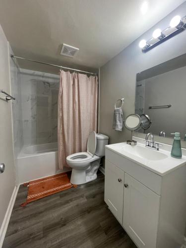 y baño con aseo, lavabo y ducha. en Cute & Cozy Suite in Overland Park en Overland Park