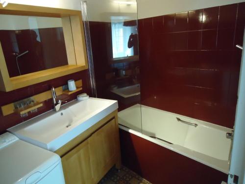 une salle de bain avec un lavabo, un miroir et une douche dans l'établissement LA MAISON D'AURELINE, à Châteauneuf-Val-Saint-Donat