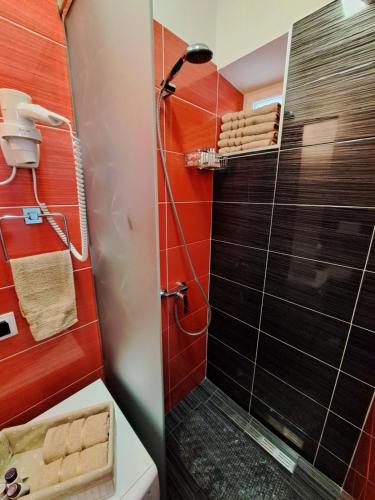La salle de bains est pourvue d'une douche avec du carrelage noir et des murs rouges. dans l'établissement Kuća za odmor Eni ****, à Šibenik