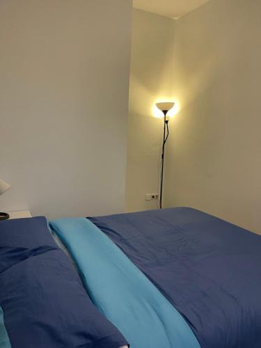 a bedroom with a blue bed and a lamp at Buen sitio si tu plan es estar unos días en BCN in Barcelona