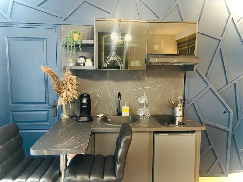 une cuisine avec un évier et un comptoir avec des chaises dans l'établissement Studio Royal Saint-Omer Centre, à Saint-Omer