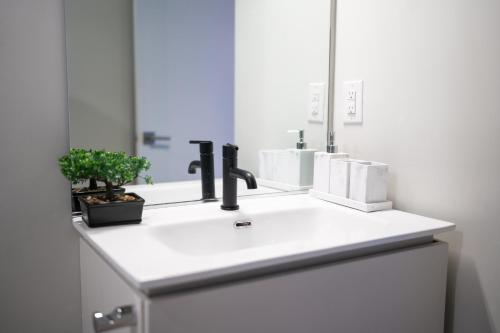 a bathroom counter with a sink and a mirror at Nimbus Cloud King Suite W/ Great Access to City in Philadelphia