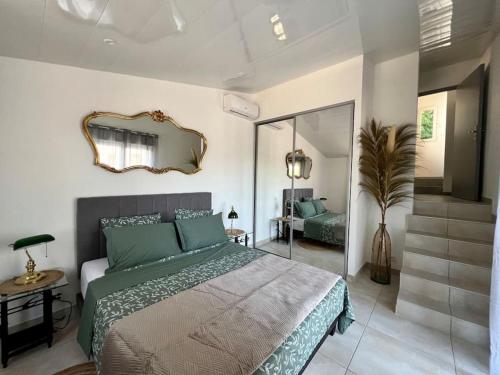 une chambre avec un grand lit et un miroir dans l'établissement La villa du soleil, à Nîmes