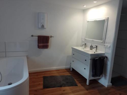 a bathroom with a sink and a mirror at Landhaus Laux in Schmitt
