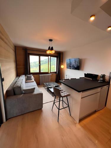 un salon avec un canapé et une table dans l'établissement Vue Mont blanc, ski et village, à Combloux