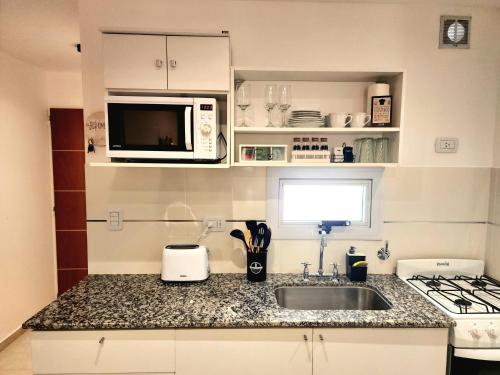 een kleine keuken met een wastafel en een magnetron bij Golden Home in La Plata