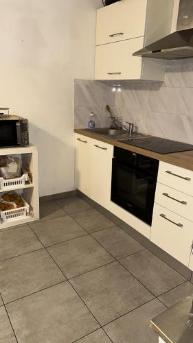 La cuisine est équipée de placards blancs et d'un four micro-ondes noir. dans l'établissement L'appartement, à Tremblay-en-France