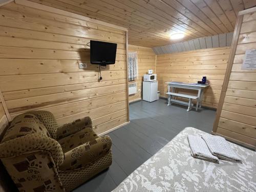 een kamer met een bed en een televisie in een hut bij Sadyba Dana in Tatariv
