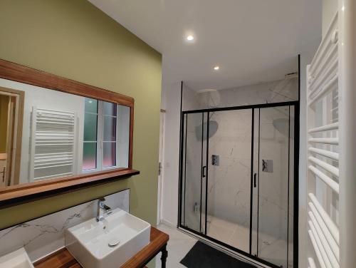 une salle de bain avec un lavabo et une douche en verre dans l'établissement Magnifique Duplex de 135 m2 pour vos séjours jusqu'à 10 à Lourdes, à Lourdes