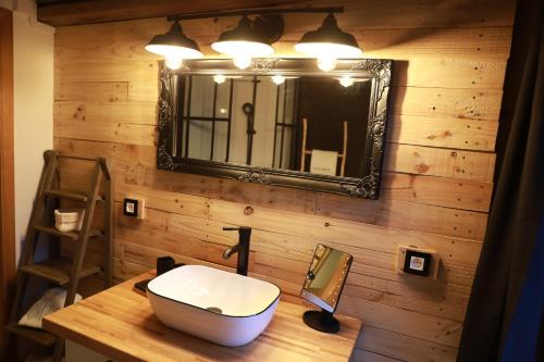 uma casa de banho com um lavatório e um espelho numa parede de madeira em La Petite Maison de Torgny em Torgny