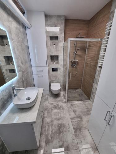 een badkamer met een douche, een toilet en een wastafel bij Apartament - Osiedle Przylesie in Namysłów