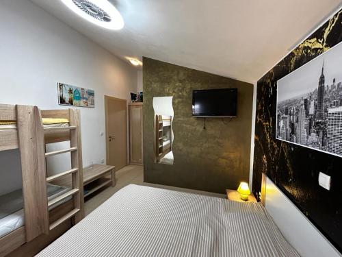 een slaapkamer met een bed en een tv aan de muur bij Vila Emily in Peruški