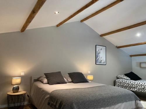 a bedroom with a bed in a room with wooden ceilings at « La Crécerelle » spacieux gîte contemporain entre Tarn et Aveyron in Sainte-Gemme