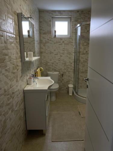 a bathroom with a sink and a toilet and a shower at Kuća za odmor Erdelji in Vardarac
