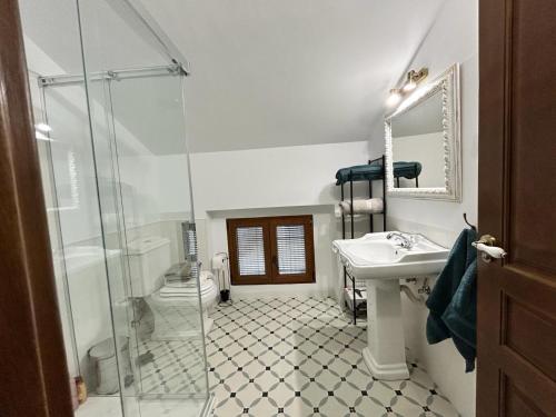 La salle de bains est pourvue d'une douche et d'un lavabo. dans l'établissement LA BUENA ESTRELLA, à Arbuniel