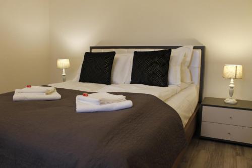 1 dormitorio con 1 cama grande y toallas. en Helia Apartment, en Galaţi