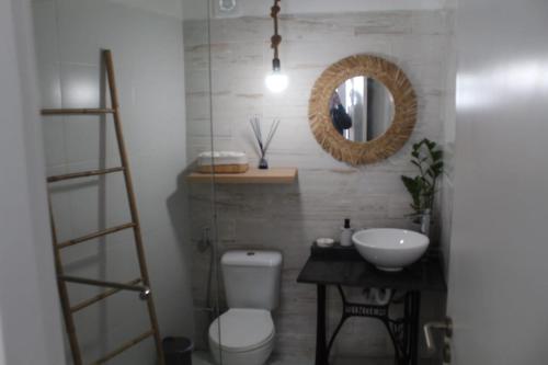 La salle de bains est pourvue de toilettes, d'un lavabo et d'un miroir. dans l'établissement Retiro dos sonhos, à Porches