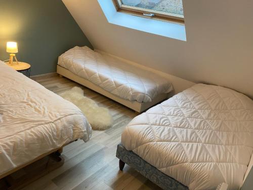 - une chambre mansardée avec 2 lits et une fenêtre dans l'établissement Petit Coin du Port, à Ploubazlanec