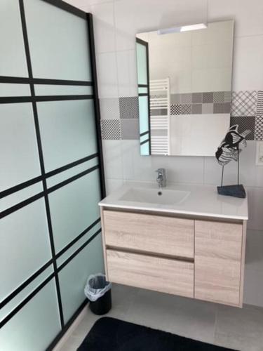 une salle de bain avec un lavabo et un miroir dans l'établissement Le gîte Marie-Galante : Belle maison d'hôtes avec accès piscine en été, à Lanmeur