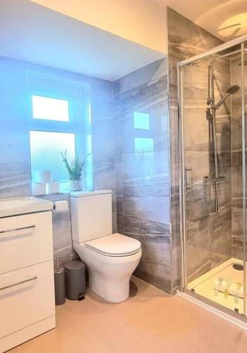 a bathroom with a toilet and a shower at Watford Gem Private Garden Mins to Harry Potter Studio in Watford