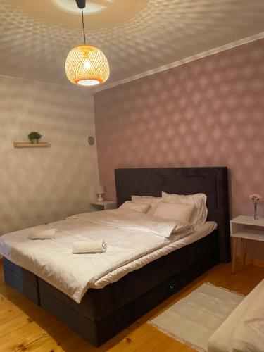 ein Schlafzimmer mit einem großen Bett mit einer Lampe und einem Bett sidx sidx sidx in der Unterkunft Kuca na kraju sela in Valjevo