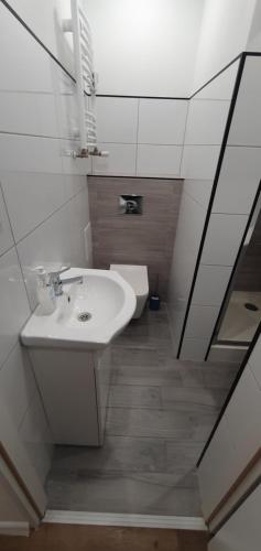 a white bathroom with a sink and a toilet at Apartament Studio Sylwia in Katowice