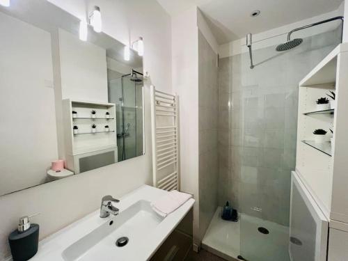 マンドリュー・ラ・ナプールにあるMARCO POLO - studio neuf avec parking & piscinesの洗面台と鏡のある白いバスルーム