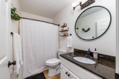 ein Badezimmer mit einem WC, einem Waschbecken und einem Spiegel in der Unterkunft Urban Gem: Minutes to Beach & Downtown W/Hot tub! in Traverse City