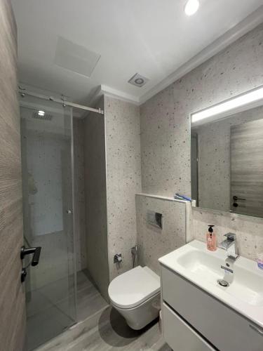e bagno con servizi igienici, lavandino e doccia. di Appartement de luxe lac 2 a La Goulette (La Goletta)