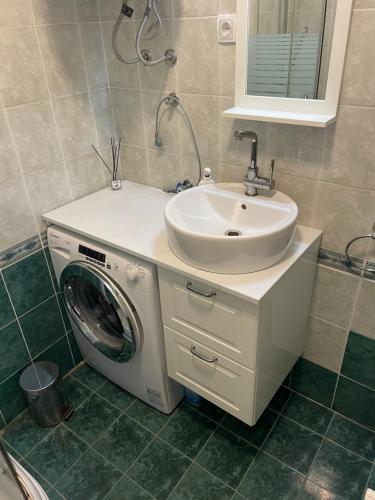 ein Badezimmer mit einer Waschmaschine und einem Waschbecken in der Unterkunft Ibis Apartment in Novi Sad